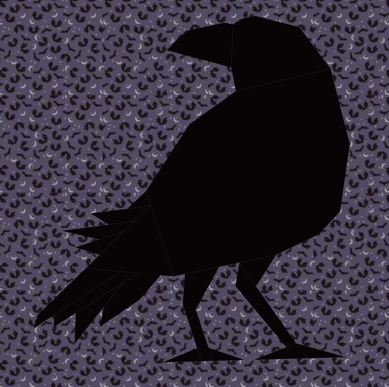 raven crow quilt block pattern black bird on gray background