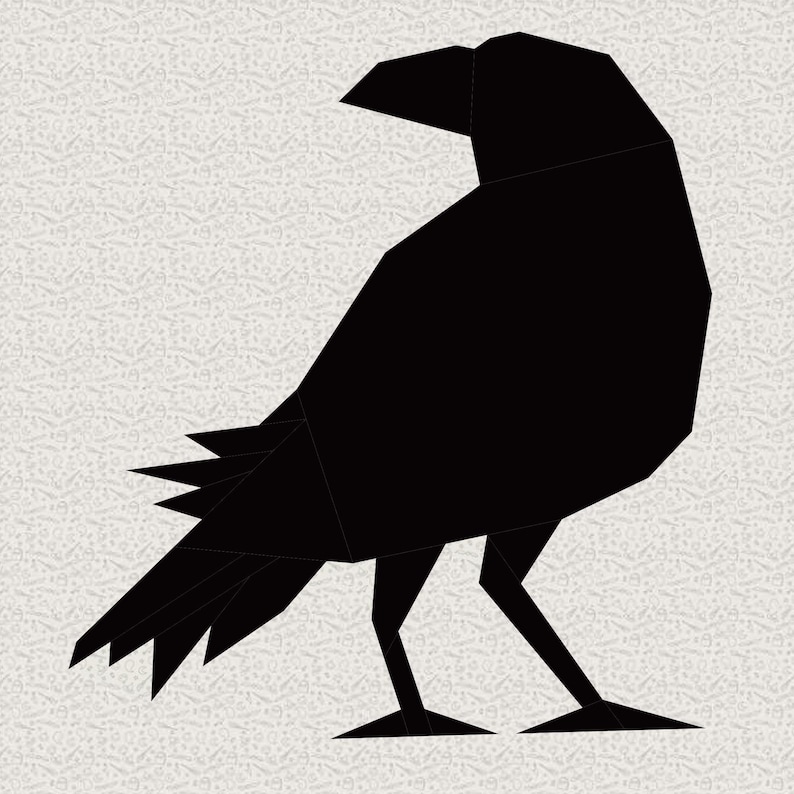 raven crow quilt block pattern black bird on gray background