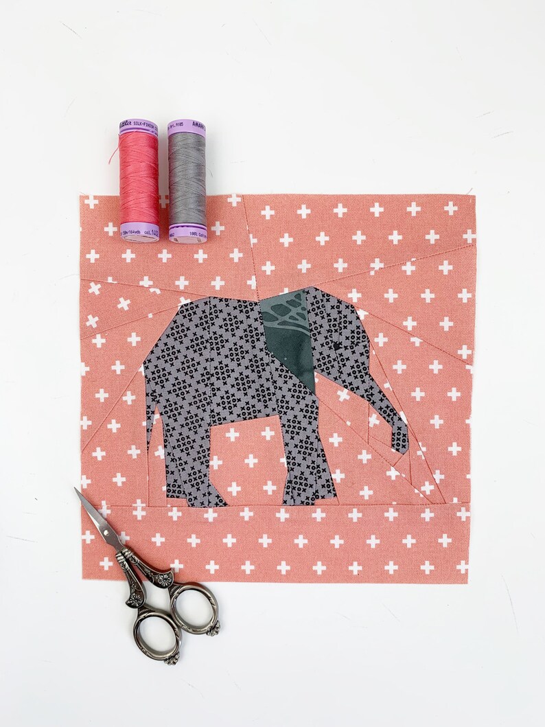 elephant quilt block pattern , baby elephant in gray on rose background