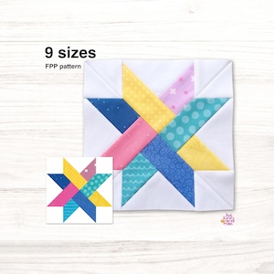 May include: A square quilt block featuring a star design made of multi-colored fabric pieces in yellow, pink, teal, and blue, set against a white background. The text 9 sizes FPP pattern is visible, along with a smaller version of the star design.