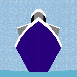 Puede incluir: Un barco morado y blanco con una proa puntiaguda, navegando sobre un fondo de agua azul con un patrón azul claro.