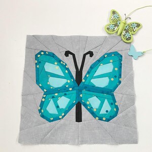 Butterfly quilt block pattern in 4 different sizes, perfect scrap buster, shown with sewing utensils
