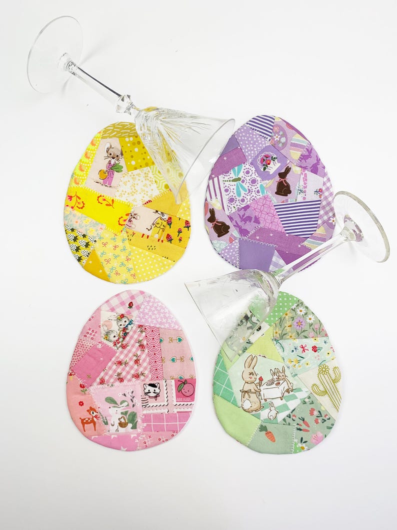 Patched Easter Egg placemat and Coaster/ Mug rug pattern. These are made out of random fabric scraps, they're the perfect scrap busters.