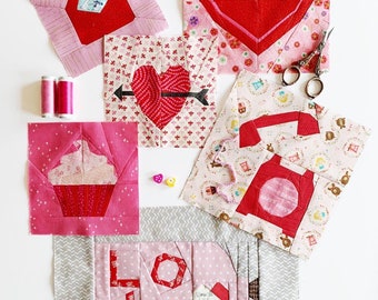 Valentine's Quilt Block Pattern Set of 6 , PDF instant download, Foundation Paper Piecing Pattern