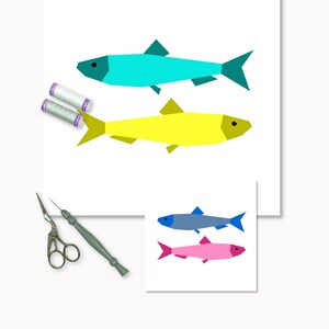 Sardines quilt block pattern, little sardines quilt block photographed with sewing utensils