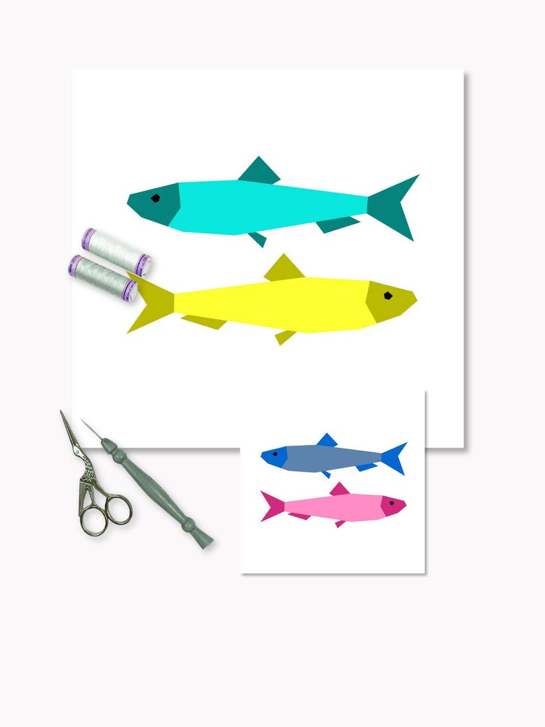 Sardines quilt block pattern, little sardines quilt block photographed with sewing utensils