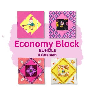 May include: A bundle of four colorful fabric blocks with various designs, including gnomes, rabbits, and floral patterns. The blocks are set against a white background, with the text "Economy Block BUNDLE 8 sizes each" in pink.