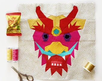 Chinese Dragon Quilt Block Pattern, 2 sizes PDF instant download, Modern Quilt Pattern, Asian Decor, Chinese New Year