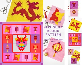Chinese Lunar New Year Quilt Block Pattern, Set of 7,  PDF instant download, Foundation Paper Piecing Pattern, Asian Decor