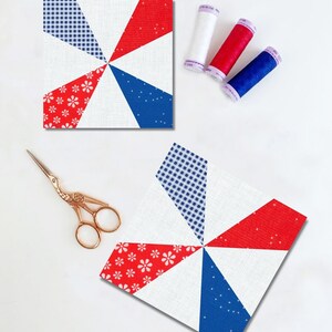 Kaleidoscope quilt block pattern in red white and blue colors