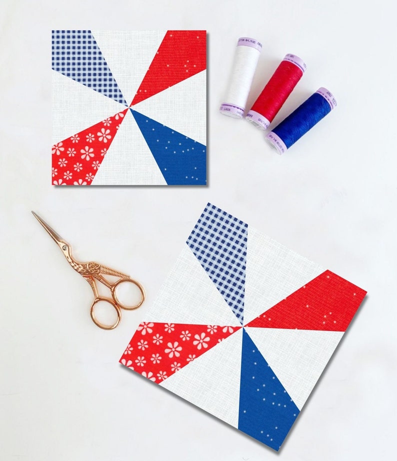 Kaleidoscope quilt block pattern in red white and blue colors