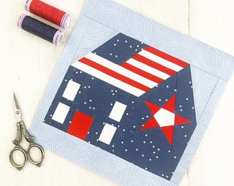 Flag House Pattern, 4 sizes PDF instant download, Patriotic House Quilt Block