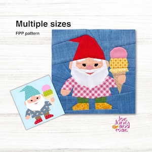 May include: A fabric art piece depicting a gnome with an ice cream cone. The gnome has a red hat, white beard, and a pink and white checked shirt. The text "Multiple sizes" and "FPP pattern" are visible.