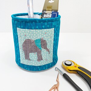 fabric basket with baby elephant quilt block detail