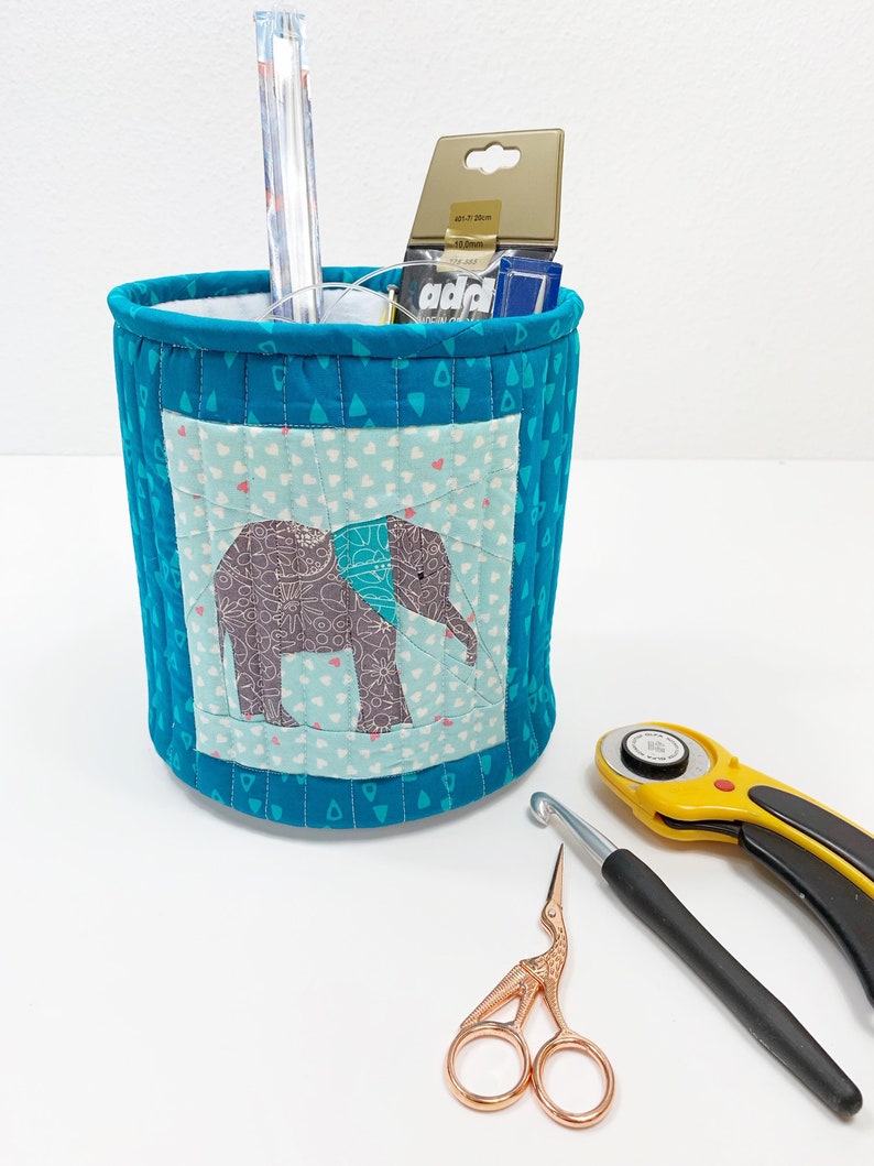 fabric basket with baby elephant quilt block detail