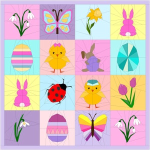 12 different Easter quilt block patterns .Tulip, daffodil, snowdrop, bunny, chicken, butterfly and egg quilt blocks