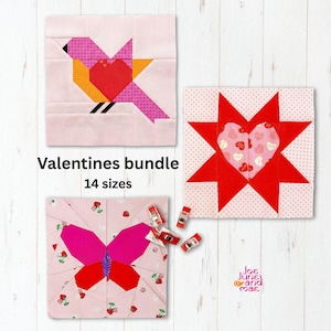 May include: A Valentine's Day themed bundle of three fabric squares. One square features a bird with a heart, another a star with a heart, and the third a butterfly. The text "Valentines bundle 14 sizes" is also present.