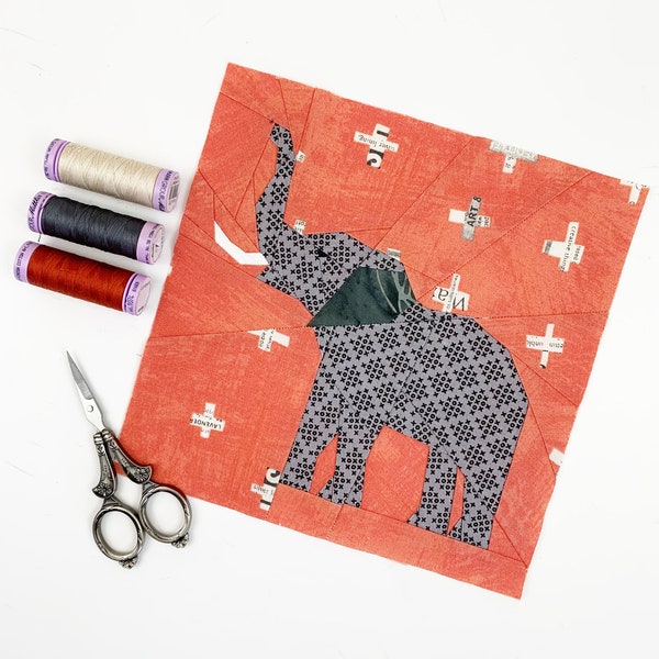 Elefanten Quilt Blockmuster, 3 Größen PDF sofort download, Foundation Paper Piecing Pattern, Modern Quilt Pattern, Elephant Quilt