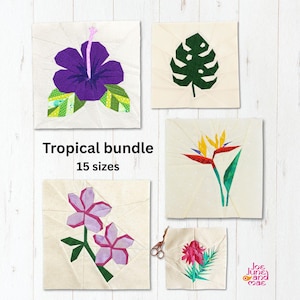 May include: Five fabric squares with tropical floral and leaf designs. The squares feature a purple hibiscus, a green monstera leaf, a bird of paradise, and two other floral arrangements. The text "Tropical bundle 15 sizes" is visible.