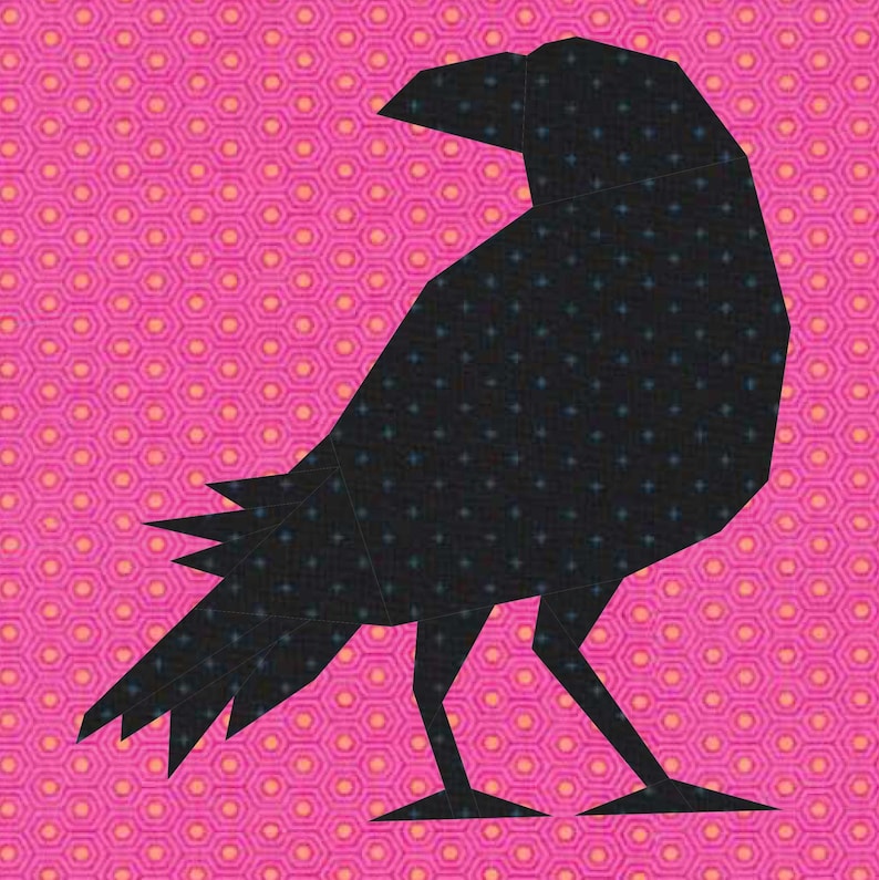 raven crow quilt block pattern black bird on pink background