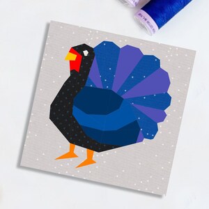 turkey quilt block pattern blue colored turkey on gray background