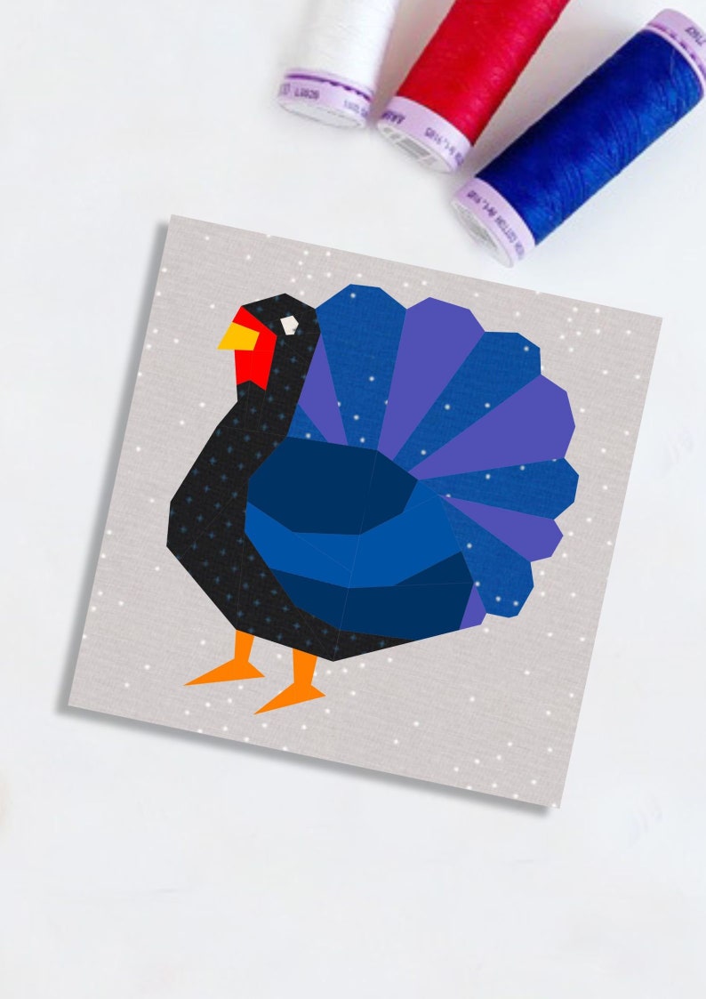 turkey quilt block pattern blue colored turkey on gray background
