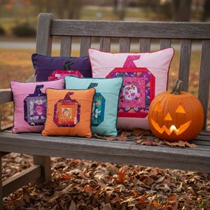 log cabin pumpkin quilt block pattern in 5 different sizes, from 4x4 inch for ornaments to 6x6, 8x8, 10x10 and 12x12 inches for all sorts of amazing Halloween sewing projects. Use your favorite fabrics to fussy cut the center and turn these amazing beauties into your own pumpkin patch.