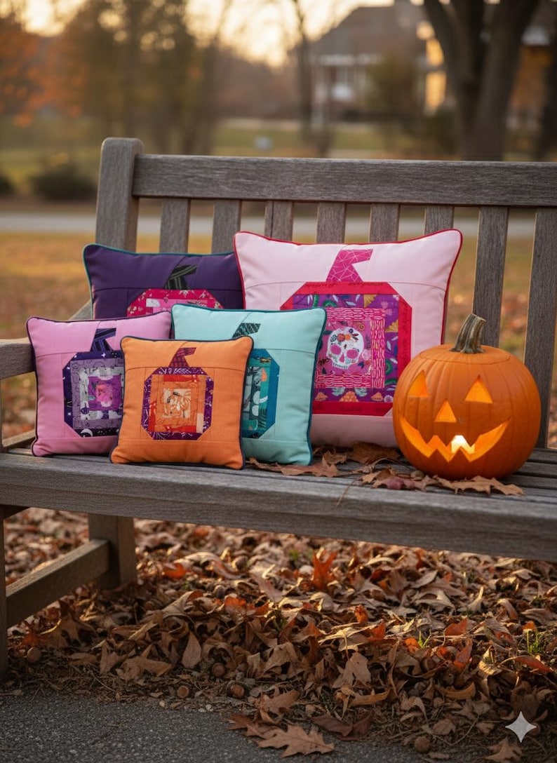 log cabin pumpkin quilt block pattern in 5 different sizes, from 4x4 inch for ornaments to 6x6, 8x8, 10x10 and 12x12 inches for all sorts of amazing Halloween sewing projects. Use your favorite fabrics to fussy cut the center and turn these amazing beauties into your own pumpkin patch.