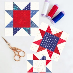 Modello a stella variabile, 4 misure, modello a blocco per trapunta a stella classica, download immediato in PDF, stelle e strisce, modello per patchwork con carta da parati
