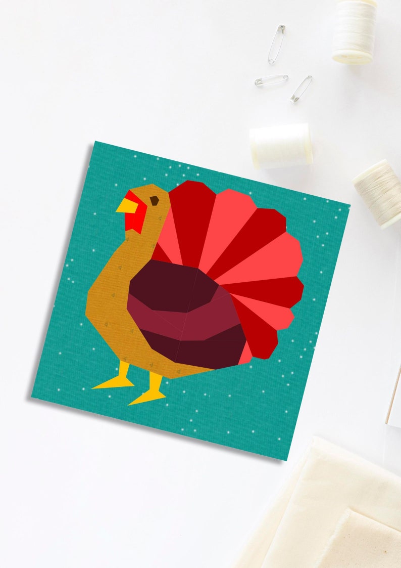 turkey quilt block pattern brown colored turkey on teal background