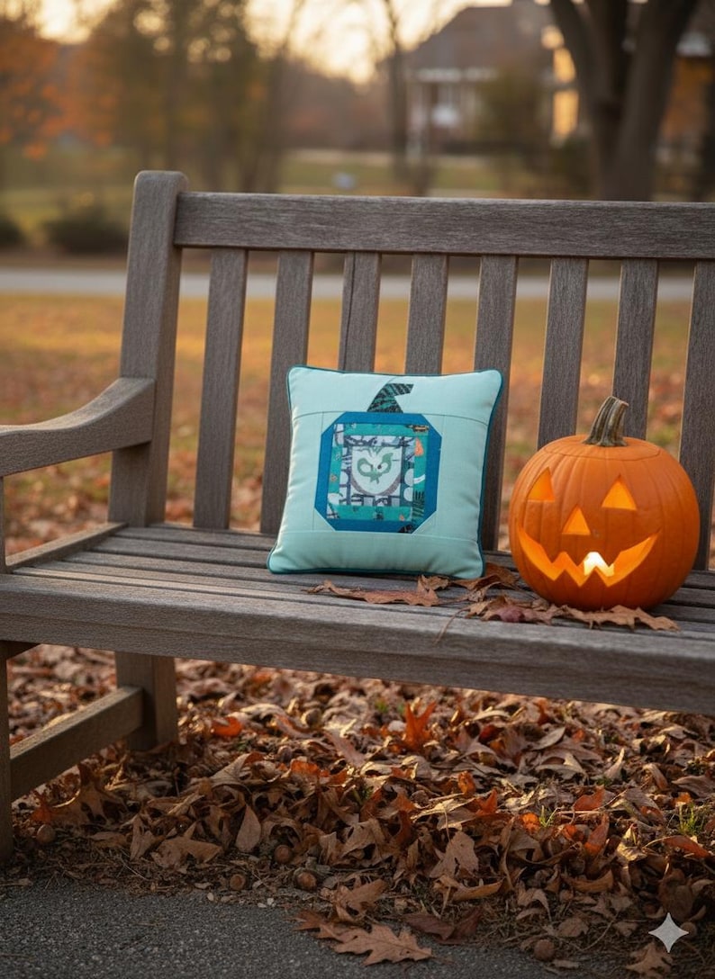 log cabin pumpkin quilt block pattern in 5 different sizes, from 4x4 inch for ornaments to 6x6, 8x8, 10x10 and 12x12 inches for all sorts of amazing Halloween sewing projects. Use your favorite fabrics to fussy cut the center and turn these amazing beauties into your own pumpkin patch.