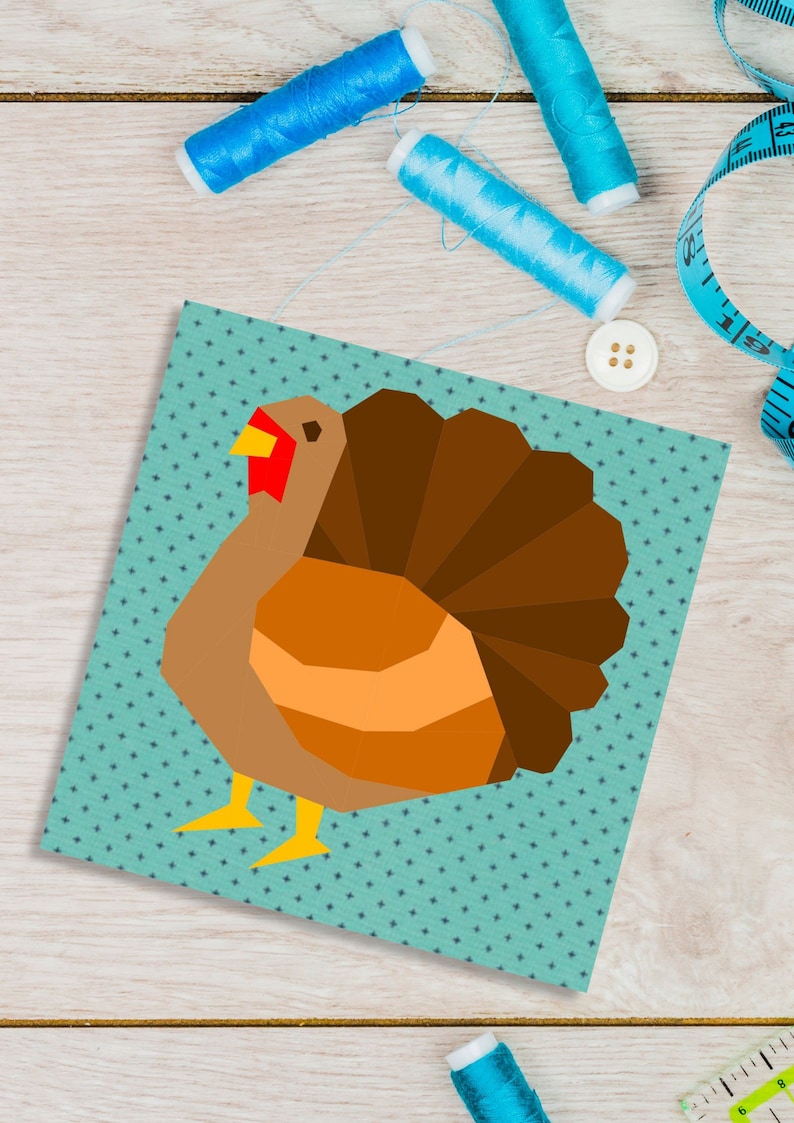 turkey quilt block pattern brown colored turkey on teal background