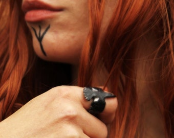 Hand Forged Iron Raven Ring, Huginn Muninn, Nordic Viking Jewelry