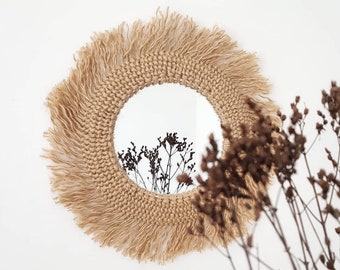 Miroir mural rond en jute et macramé pour décoration ethnique réalisé artisanalement