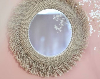 Grand miroir mural rond en jute et macramé pour une décoration brute et ethnique