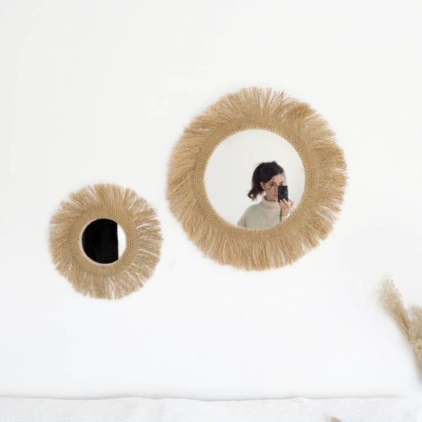 Grand miroir rond ethnique en jute, inspiration déco bali