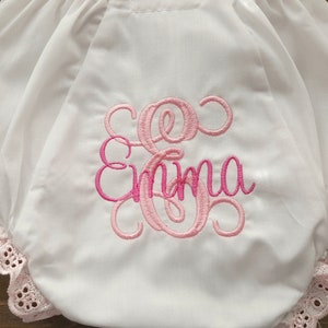 Personalized Baby Bloomers with Pink Eyelet Edging, Custom Monogram Baby Girl Bloomers,Monogrammed Bloomers,monogrammed diaper cover