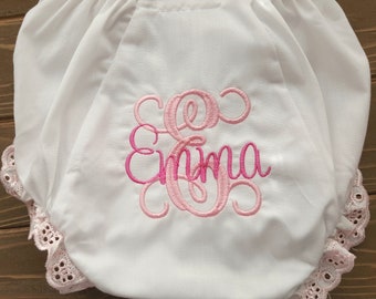 Personalized Baby Bloomers with Pink Eyelet Edging, Custom Monogram Baby Girl Bloomers,Monogrammed Bloomers,monogrammed diaper cover