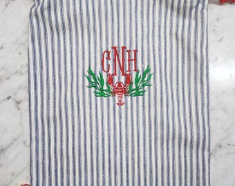 NAVY STRIPE GIFT /Accessory Bag/ Shoe Travel Bag- Embroidered with The Design Shown customized with your monogram letters