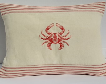 12 X 16 Handcrafted CRAB EMBROIDERED PILLOW Cover,Pillow Insert not included, Red Stripe fabric pillow covers