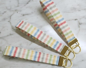 PASTEL STRIPES Keychain Bracelet, Gold Key Fob Wristlet, Fabric Key Fobs