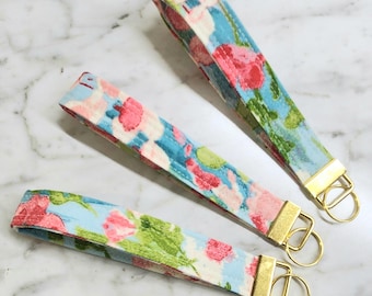 Floral Key Fob Bracelet, Gold Key Fob Wristlet, Fabric Key Fobs