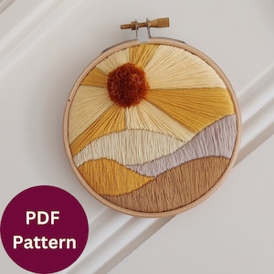 Sunset Landscape Embroidery Pattern PDF, Satin Stitch Embroidery Pattern Beginner, Boho Landscape Embroidery Design, Boho Mountain and Sun