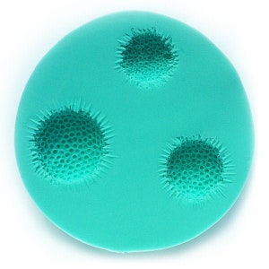 May include: A turquoise silicone mold with three round, textured impressions. The mold is designed for creating decorative cake toppers or other edible creations.
