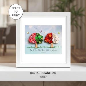 Bible Verse Printable Wall Art 8x8", Season Tree Christian Scripture Print with Border, Romans 15v13, A4 Instant Download, Bible Decor