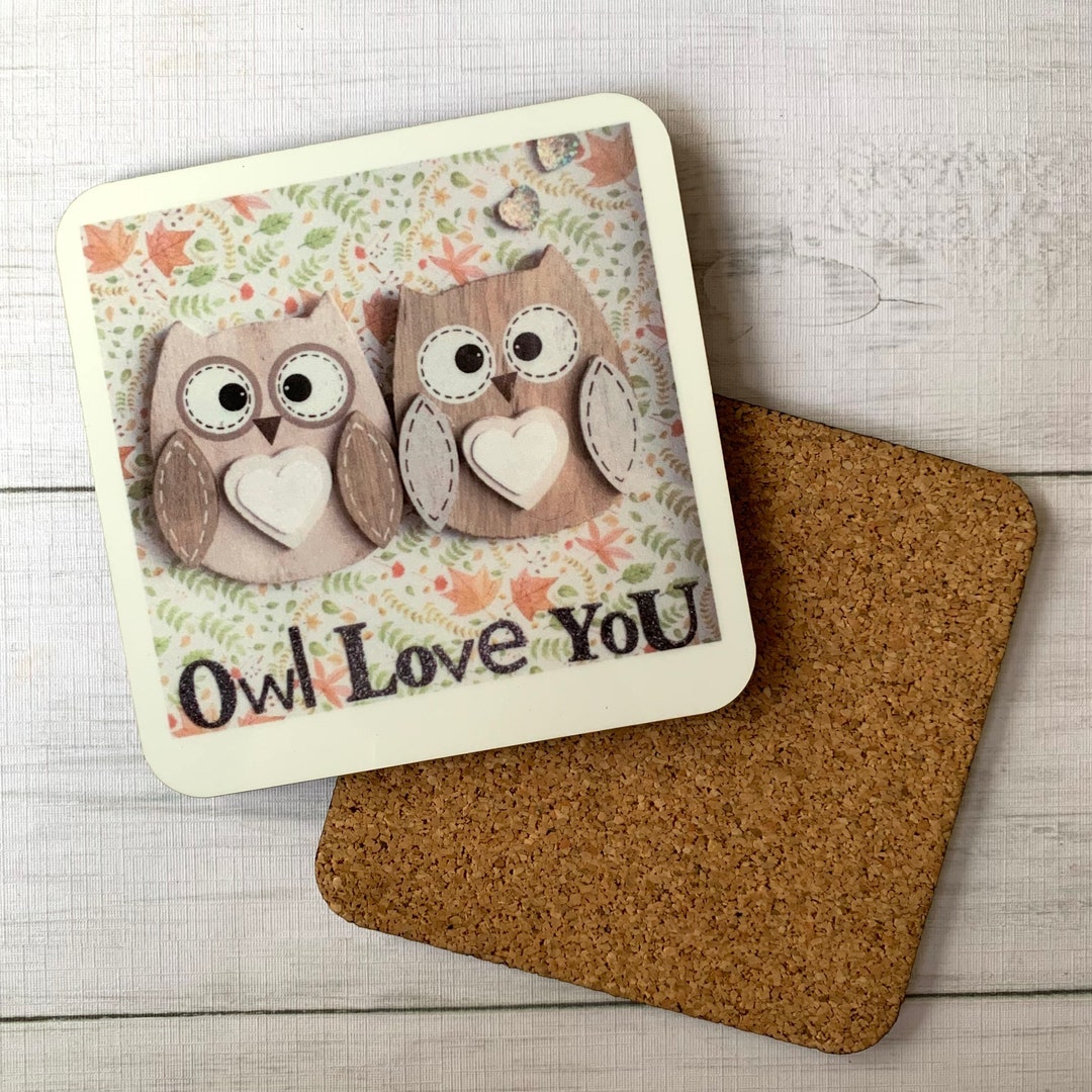 PRINTED (not 3D) Individual Owl Art Coasters, Owl Love You Quote