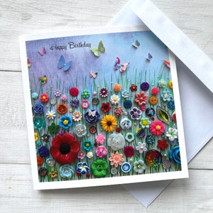 Carte d'anniversaire imprimée prairie de fleurs, cartes imprimées plates (pas en 3D), carte d'anniversaire art floral, carte d'anniversaire sur le thème de fleurs sauvages, carte sur papier glacé