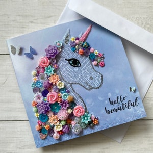 IMPRIMÉ (pas en 3D) carte d'art licorne, impression d'art sur papier glacé, carte toutes les occasions, bonjour belle citation, impression d'art floral licorne, carte vierge