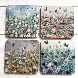 PRINTED Individual Flower Meadow Coasters, Floral Drinks Mat, Blue Flower Theme Tableware, Cork Backed Coaster, Daisy Tableware, Sunflower