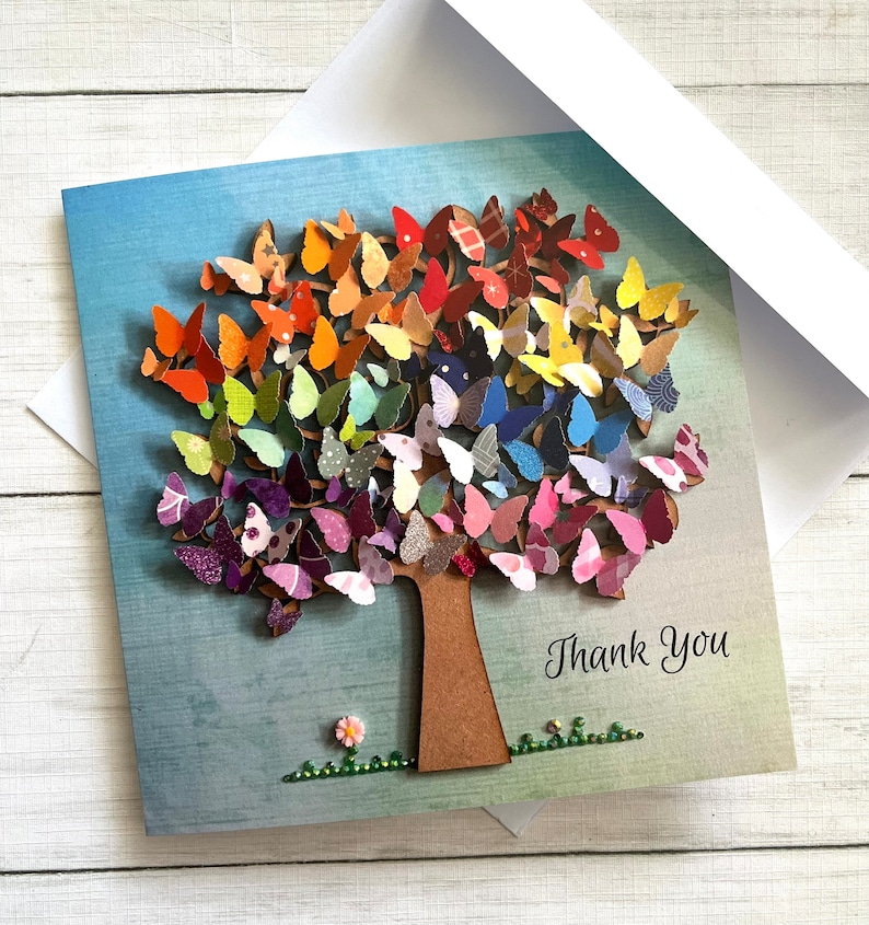 PRINTED Butterfly Tree Cards, Flat Printed Cards, Rainbow Thank You Card, Satin printed card, Blank card, Butterfly Print Card, All occasion image 1